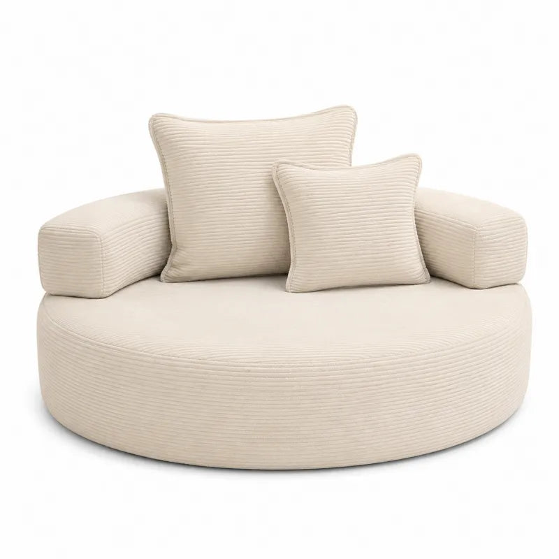 Okrągła sofa sztruksowa beżowa z poduszkami