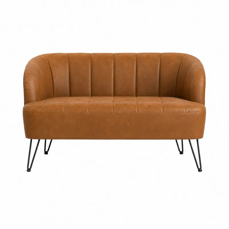 Sofa dwuosobowa z brązowej skóry syntetycznej na stalowych nogach