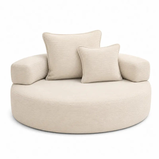 Okrągła sofa sztruksowa beżowa z poduszkami