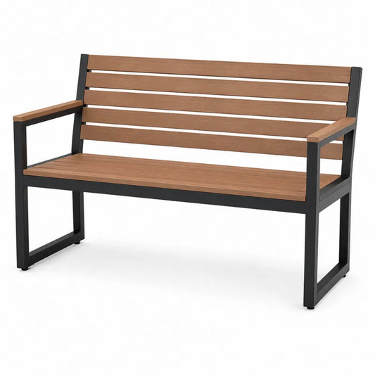 Ławka ogrodowa metalowa z drewna kompozytowego, 120 cm, brązowa/czarna