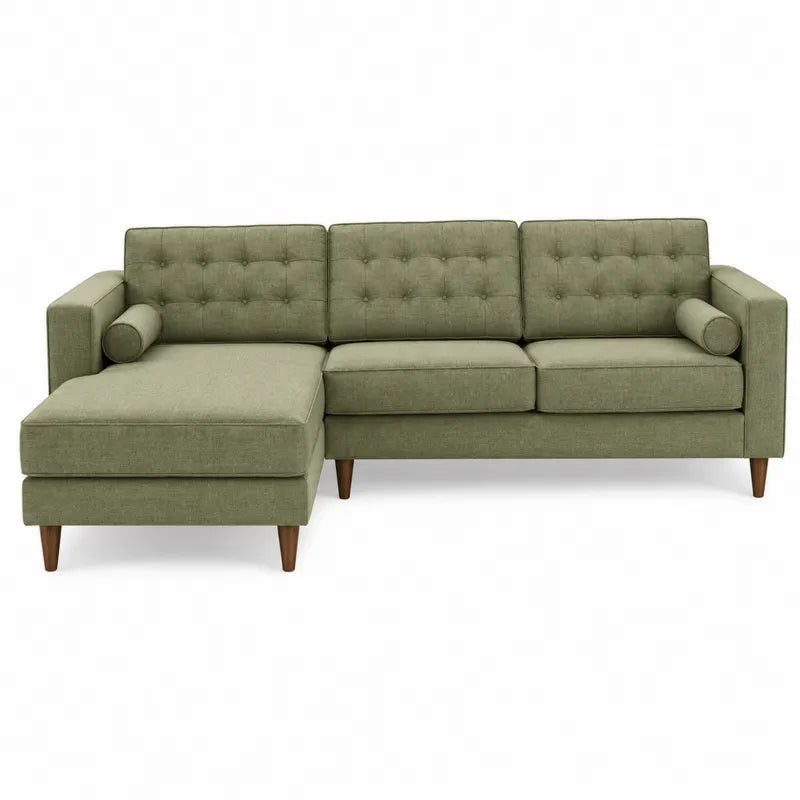 Narożna sofa z tkaniny lnianej w kolorze zielonym, 3-osobowa