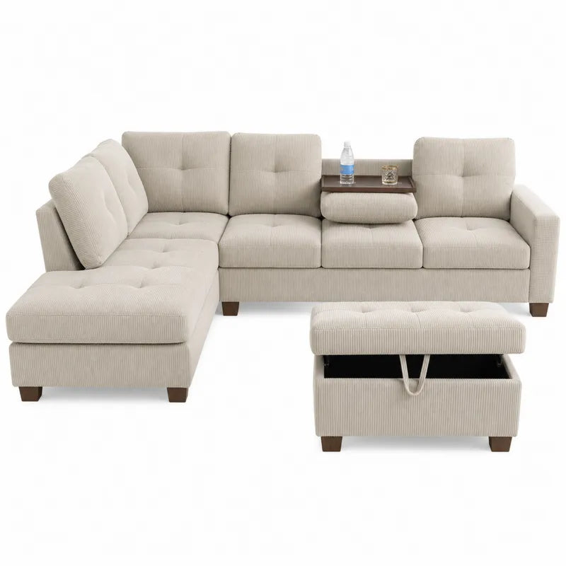 Modułowa sofa narożna beżowa tkanina sztruksowa z pufą i półką